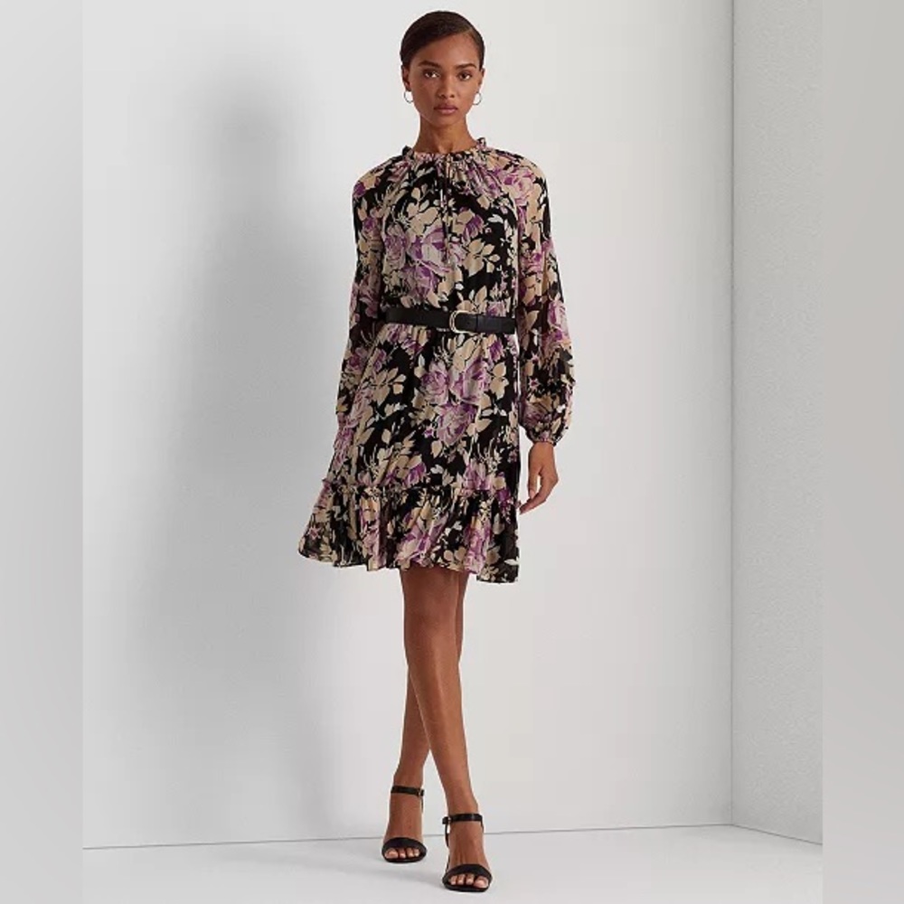 Lauren Ralph Lauren Floral Crinkle Georgette Long Sleeve Dress Size 0